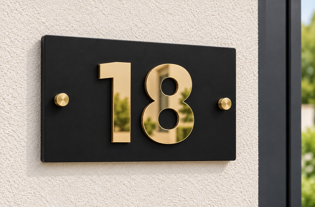 A modern black rectangular house number plaque with metallic gold numerals '18' and small gold wall mounts, mounted on a textured off-white exterior wall.lumorastudio.ie lumora craft studio