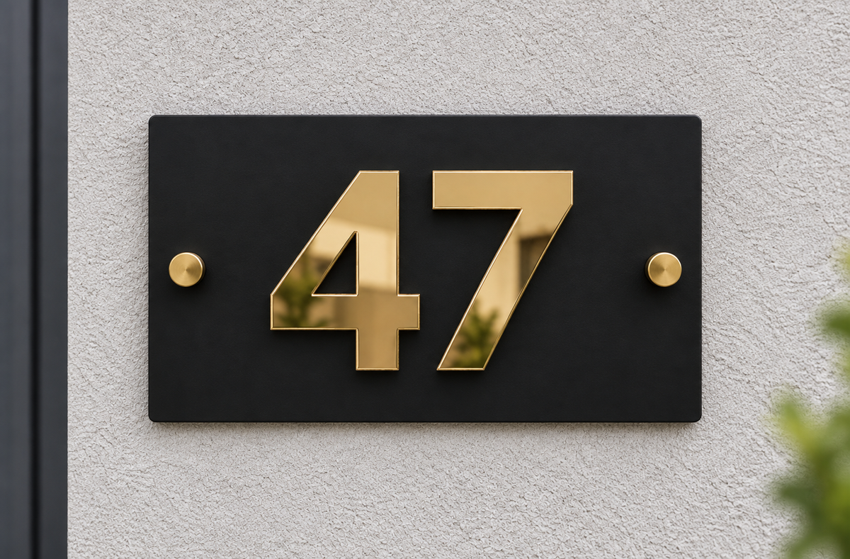 A modern black rectangular house number plaque with metallic gold numerals '47' and small gold mounting screws, mounted on a textured light gray wall.lumorastudio.ie lumora craft studio