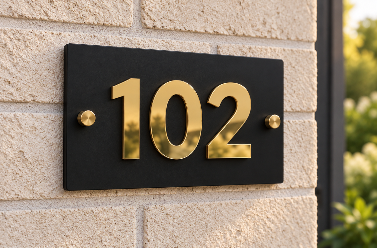 A modern black rectangular house number plaque with shiny gold numerals '102' and matching gold mounting screws, mounted on a light beige textured brick wall.lumorastudio.ie lumora craft studio