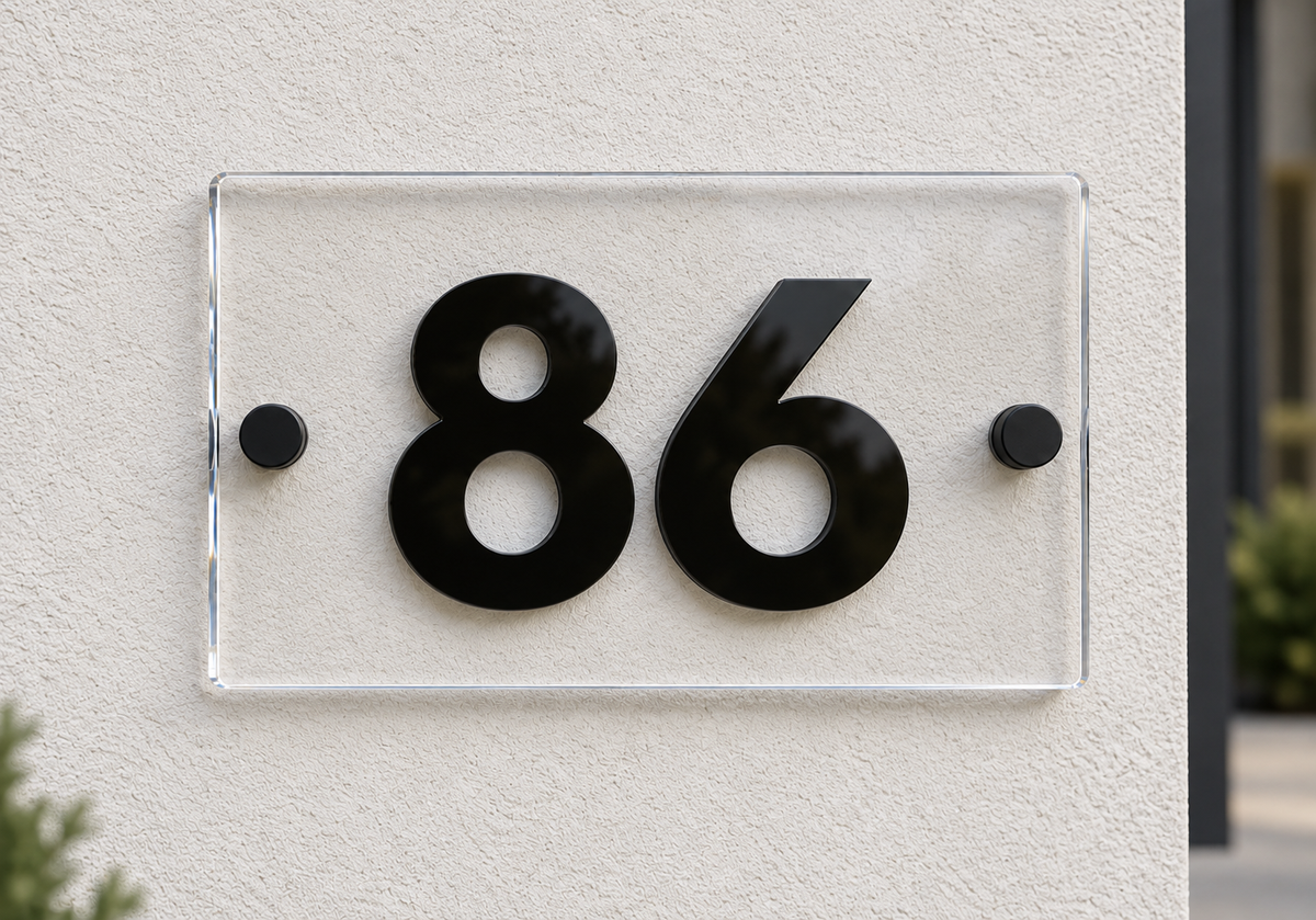 Modern black house number 86 mounted on a clear rectangular acrylic plaque, set against a textured off-white stucco wall.lumorastudio.ie lumora craft studio