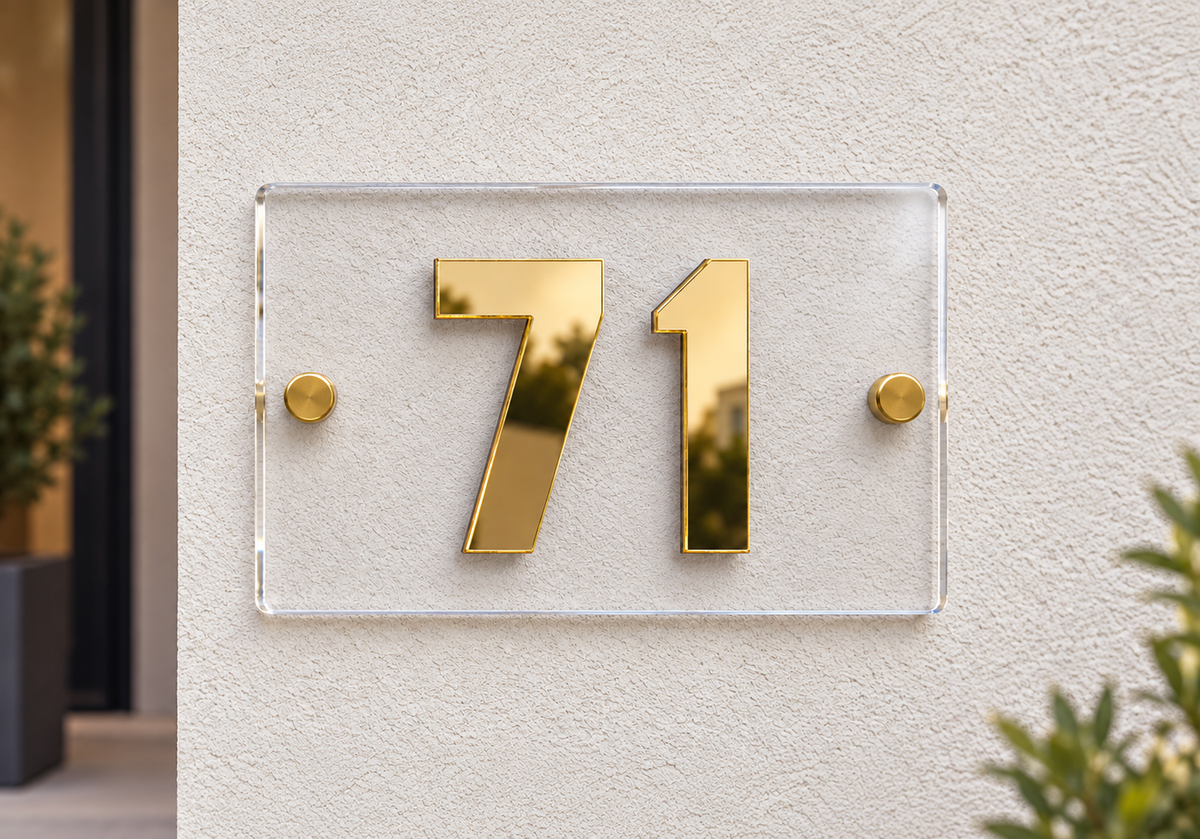 A modern clear acrylic house number plaque with polished gold '71' numerals and matching gold mounting screws, mounted on a textured beige stucco wall.lumorastudio.ie lumora craft studio