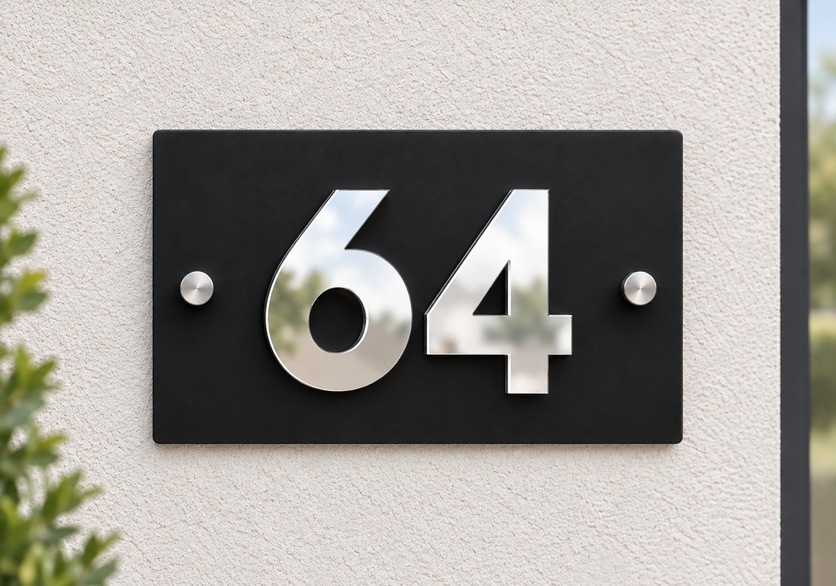 A modern black rectangular house number plaque with large reflective silver numerals '64' mounted on a textured off-white wall.lumorastudio.ie lumora craft studio