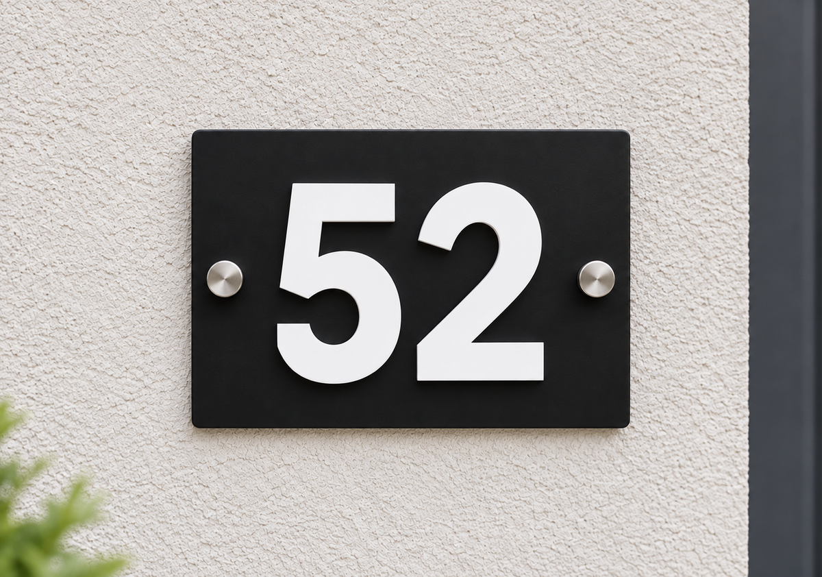A modern black house number plaque with bold white numerals '52' mounted on a textured off-white stucco wall.lumorastudio.ie lumora craft studio