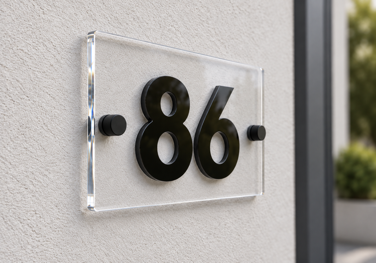 A modern house number sign featuring the black numerals '86' mounted on a clear rectangular acrylic plaque, attached to a textured off-white stucco wall.lumorastudio.ie lumora craft studio