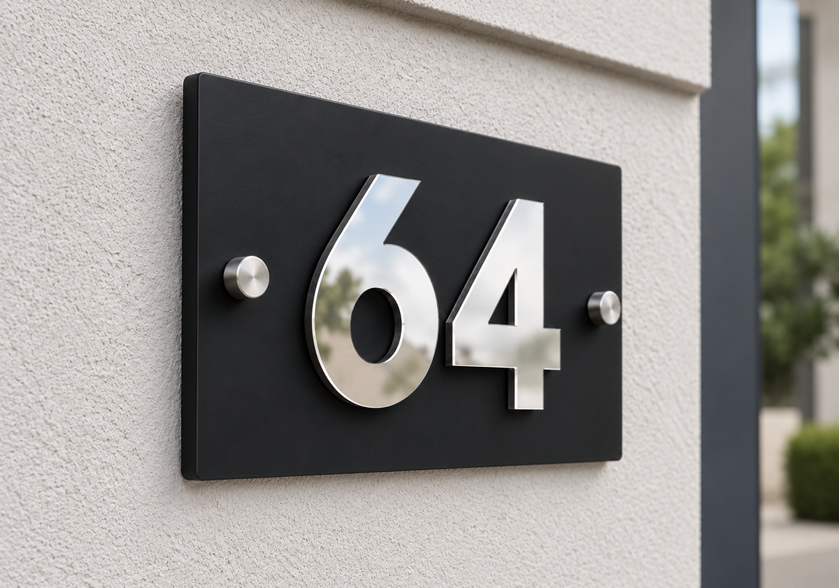Modern house number '64' in polished silver chrome mounted on a rectangular black plaque, set against a textured beige stucco wall.lumorastudio.ie lumora craft studio