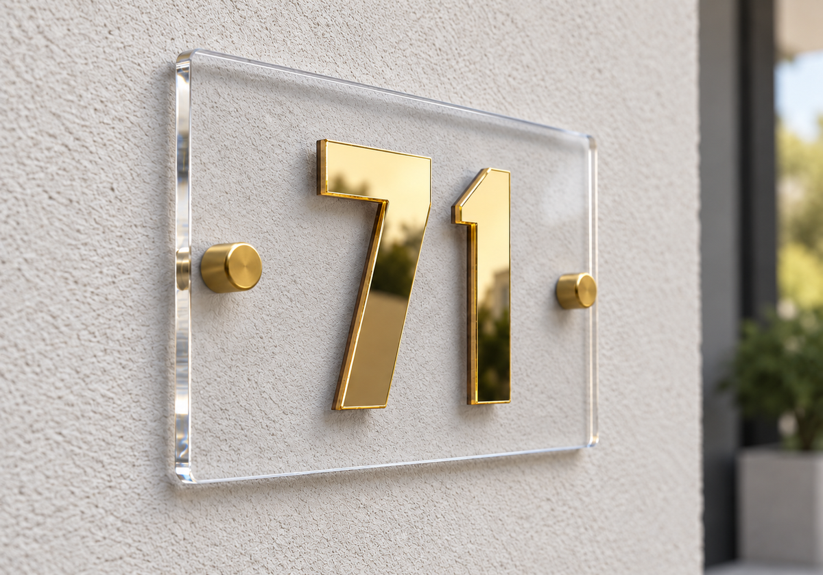 Gold house number 71 mounted on a clear acrylic plaque with two gold screws, attached to a textured white stucco wall.lumorastudio.ie lumora craft studio