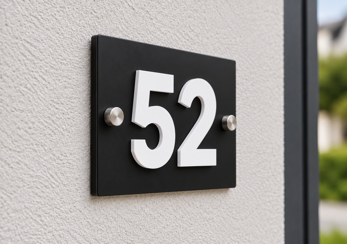 A modern black house number plaque with raised white numerals '52' mounted on a textured beige stucco wall.lumorastudio.ie lumora craft studio