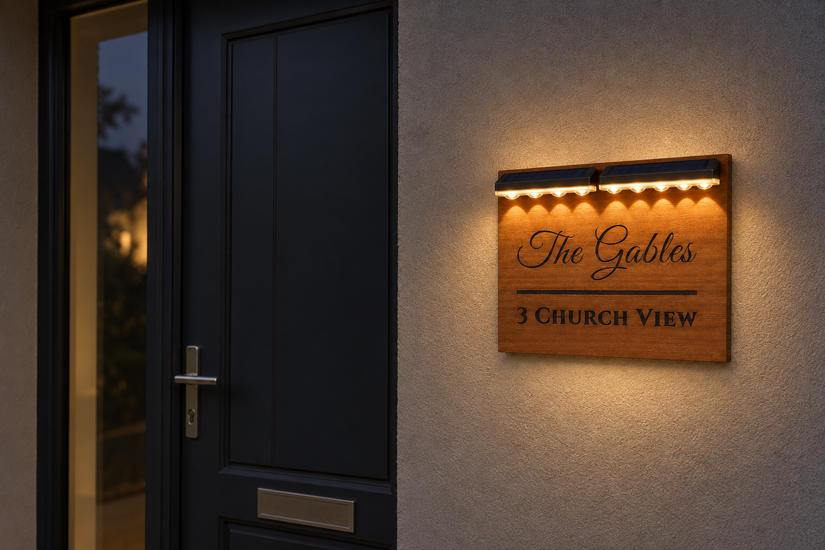 A rectangular wooden house sign with warm white LED strip lighting mounted on a textured stucco wall next to a dark door. The sign reads 'The Gables' and '3 CHURCH VIEW' in black lettering.lumorastudio.ie lumora craft studio