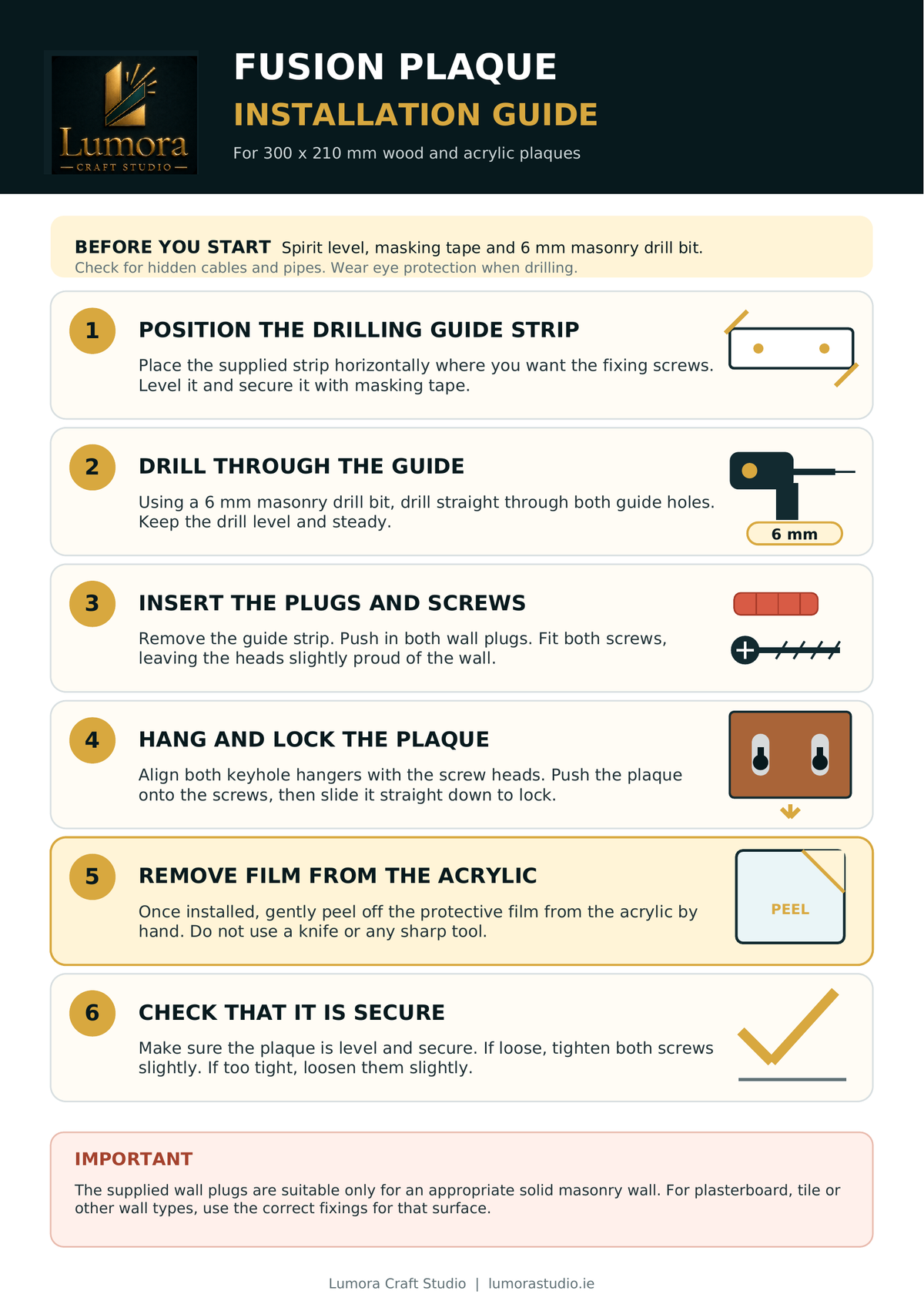An instructional installation guide poster for Lumora Fusion Plaque, detailing a 6-step process for mounting wood and acrylic plaques on masonry walls, complete with diagrams, tips, and a checklist.