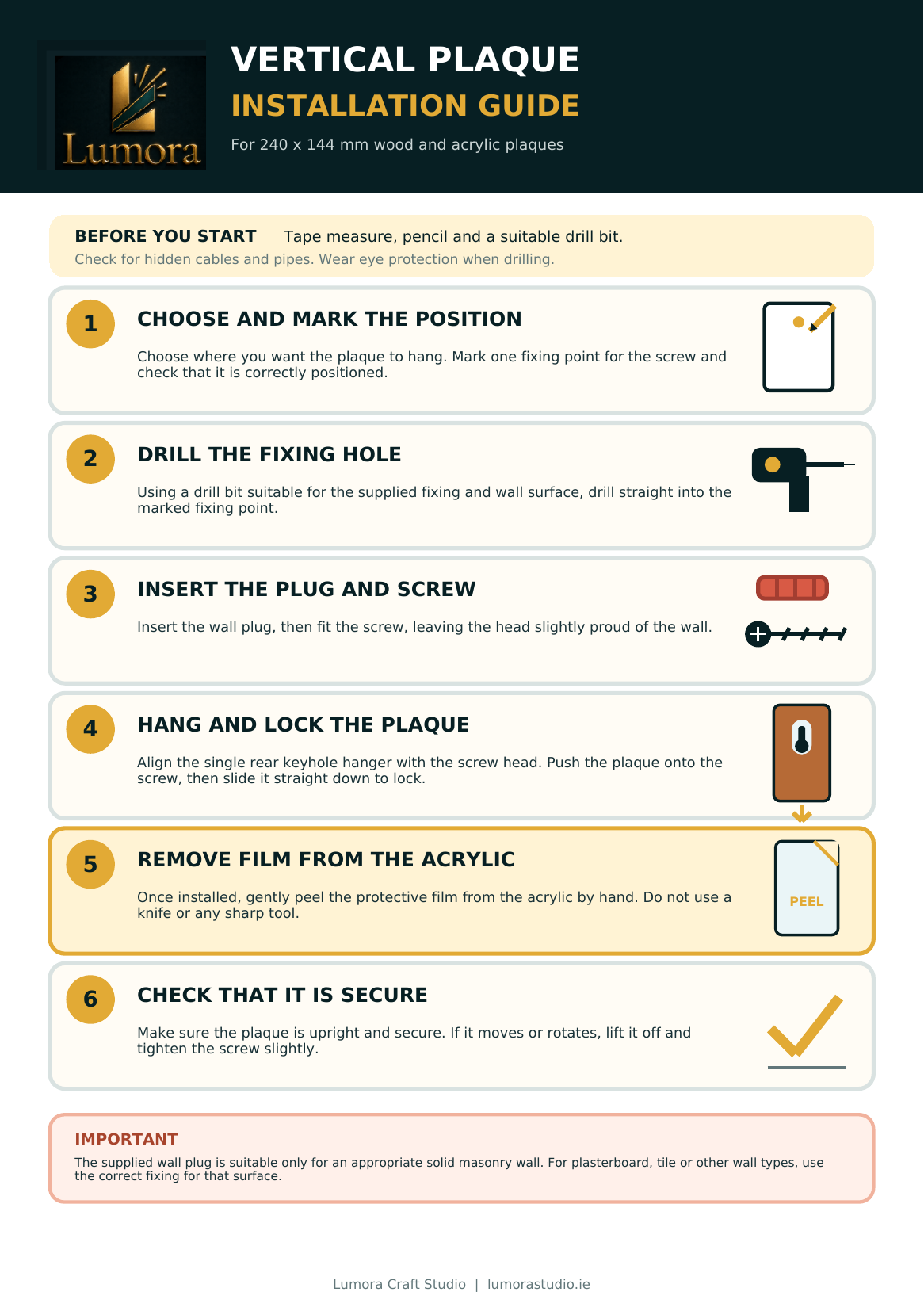 A vertical instruction guide poster titled 'Lumora Vertical Plaque Installation Guide' with numbered steps for mounting a plaque on a wall, including measurements, drill bit size, screw insertion, and checking security. The design uses a white background with yellow, blue, and black text and icons.Lumora Craft Studio, lumorastudio.ie