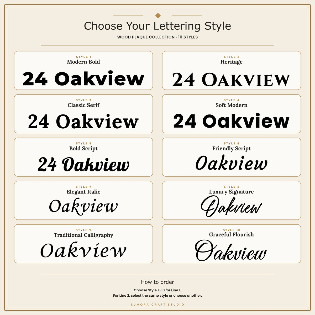 A design template sheet showing 10 lettering style options for 'Oakview' and '24 Oakview' in a wood plaque collection by Lomra Craft Studio. The sheet features a beige background with cream-colored rectangular cards, each displaying a different lettering style such as Modern Bold, Classic Serif, Soft Modern, and Graceful Flourish.lumorastudio.ie lumora craft studio