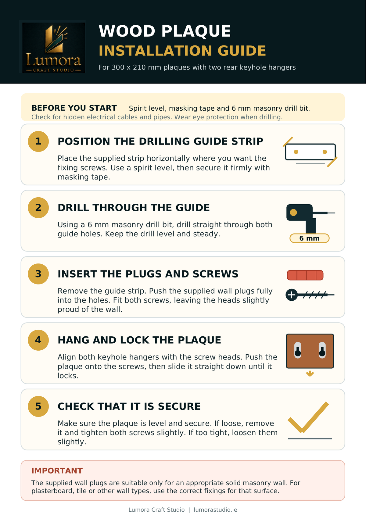An installation guide poster for Lumora wood plaque, detailing a five-step process for mounting wall hooks in a masonry wall. The poster features a white background with yellow, beige, and black sections, complete with numbered steps and safety tips.