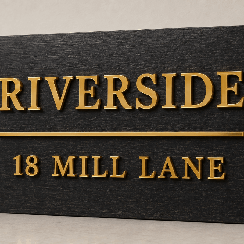 A close-up of a black textured sign with raised gold lettering reading "RIVERSIDE" and "18 MILL LANE" separated by a gold horizontal line.lumorastudio.ie lumora craft studio