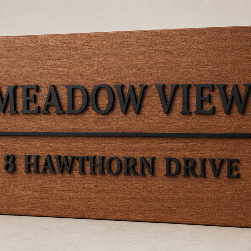 A close-up of a rectangular wooden sign with raised black lettering reading "MEADOW VIEW" on the top line and "8 HAWTHORN DRIVE" on the bottom line, set against a neutral light background.lumorastudio.ie lumora craft studio