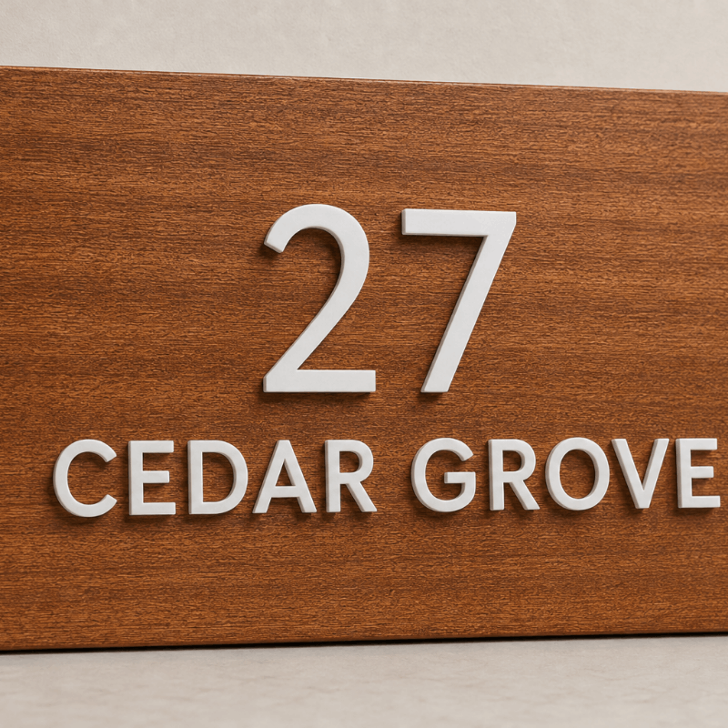 A close-up of a wooden house number sign reading 27 CEDAR GROVE, with raised white numerals and letters on a warm brown wood panel.lumorastudio.ie lumora craft studio