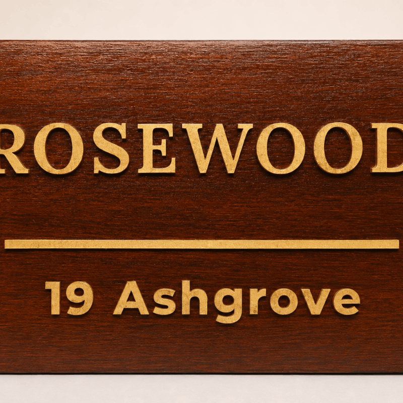 A close-up of a dark brown wooden plaque with raised gold lettering that reads "ROSEWOOD" and "19 Ashgrove" separated by a horizontal gold line.lumorastudio.ie lumora craft studio
