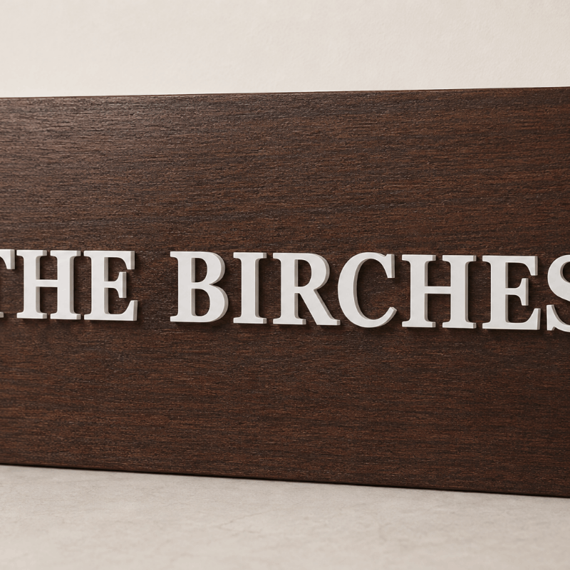 A close-up of a dark brown wooden sign with raised white lettering that reads “THE BIRCHES,” shown against a light neutral background.lumorastudio.ie lumora craft studio