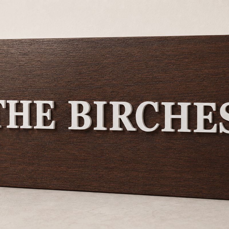 A close-up of a dark brown wooden sign with raised white lettering that reads “THE BIRCHES,” shown against a light neutral background.lumorastudio.ie lumora craft studio